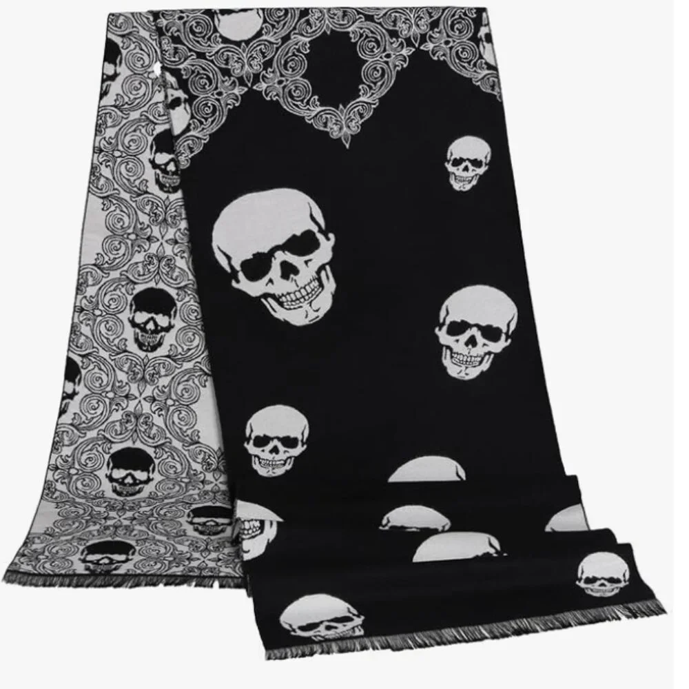 Skull Print Scarf – Soft Long Shawl with Tassels, Elegant Fall Accessory